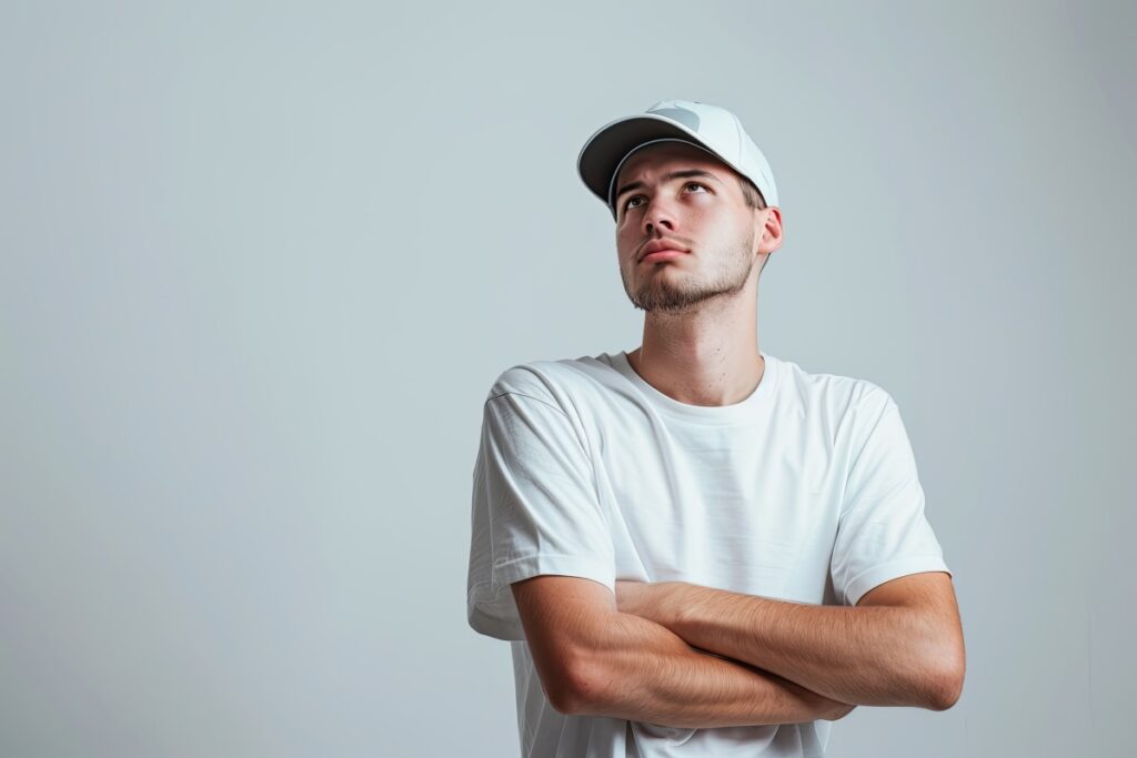 jovem homem de pele clara vestindo uma camiseta branca e um boné branco, olhando para cima com uma expressão pensativa e os braços cruzados.