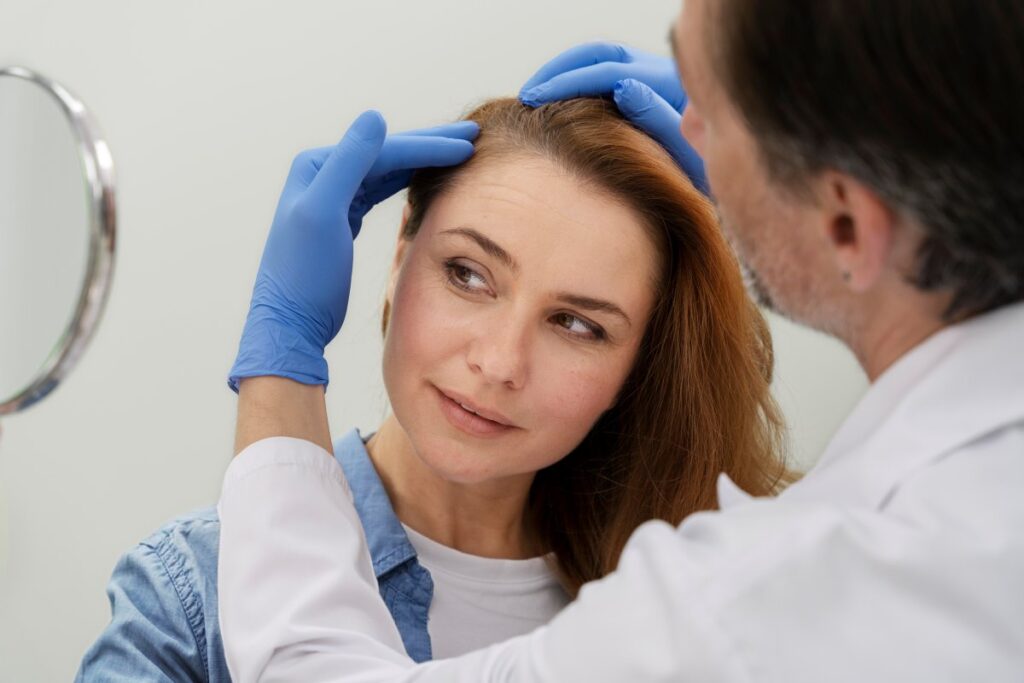 médico especialista em queda de cabelo feminino examinando paciente