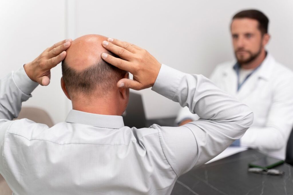 Homem em consulta perguntando como é feito implante de cabelo Homem em consulta perguntando como é feito implante de cabelo.
